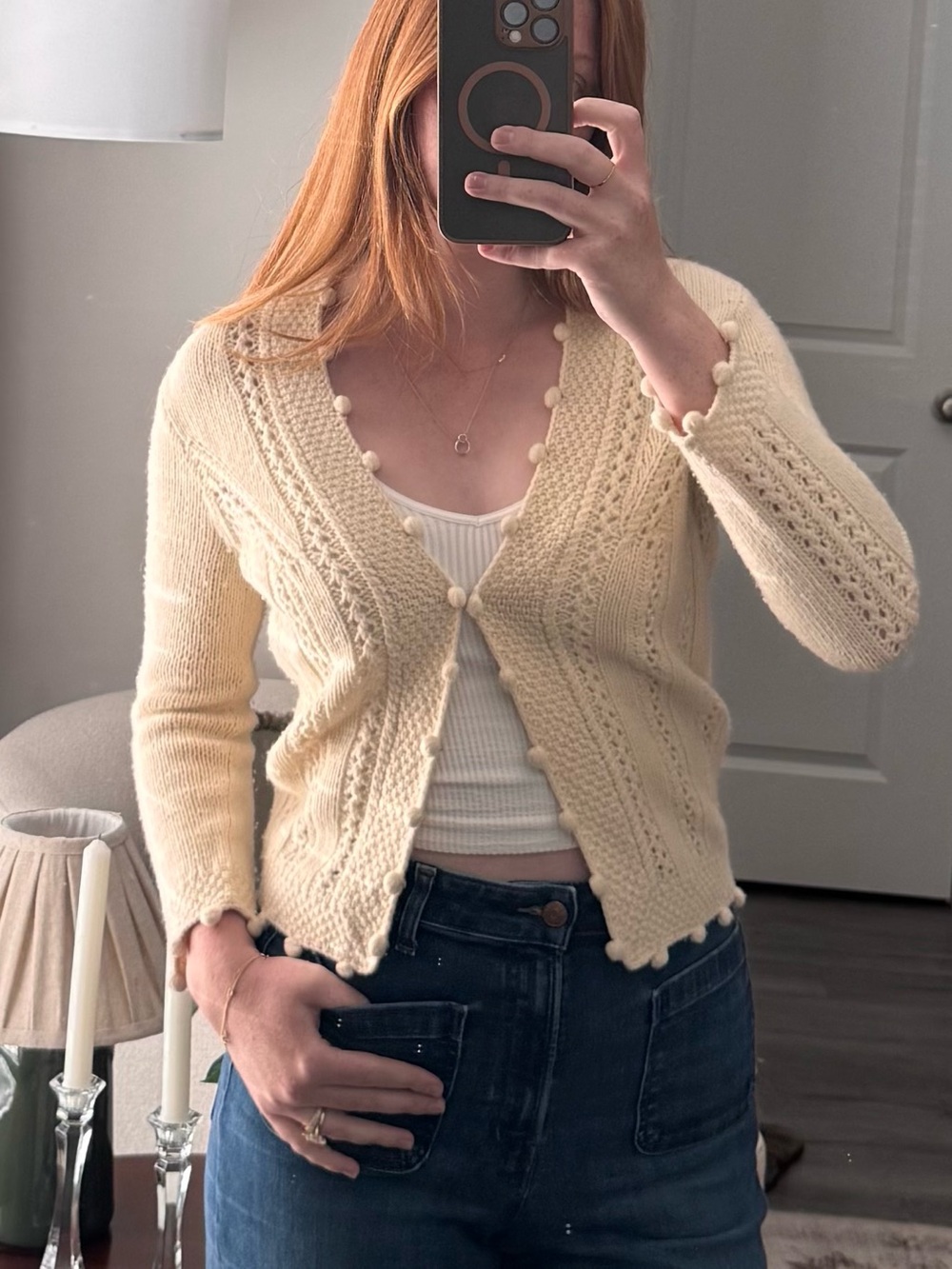 Vintage 2006 J.Crew Handknit Wool Cashmere Bobble Trim Cropped Cardigan - Small